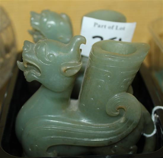 Two Chinese green and brown jade chimera vessels, length 9.5cm(-)